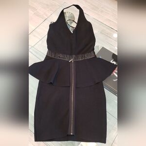 EUC-Bebe black mix media halter peplum mini dress